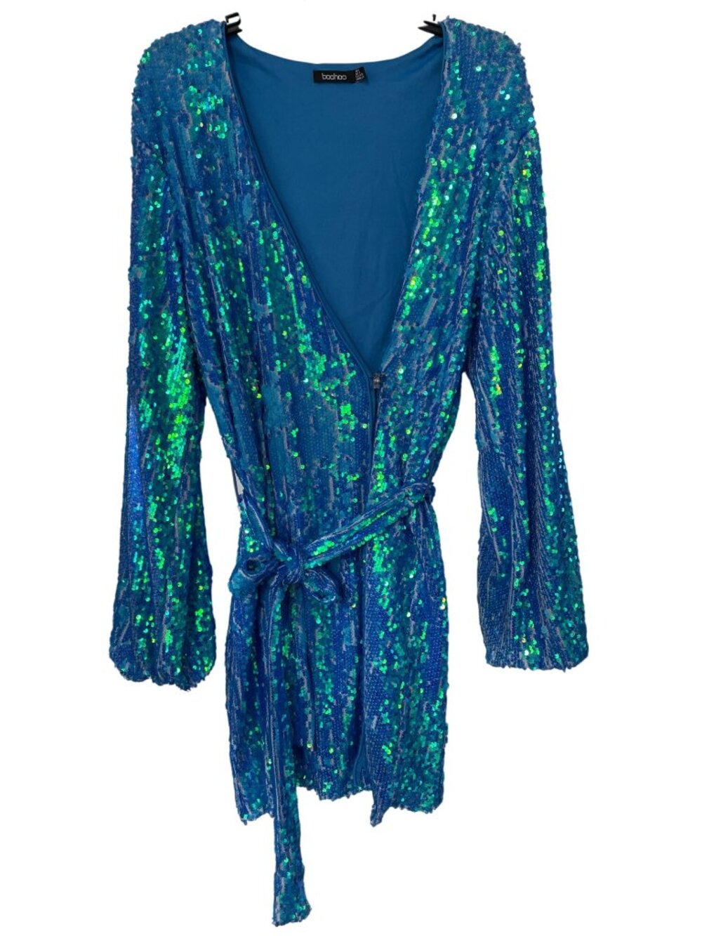 Boohoo Bright Dress Size 4 Wrap Over Sequins Belted Blue Poly Party Cocktail NEW